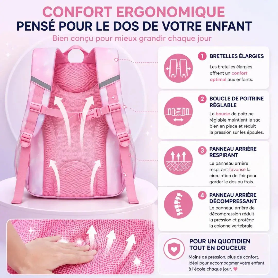 Sac à Dos École Fille Ergonomique – Bandes Réfléchissantes