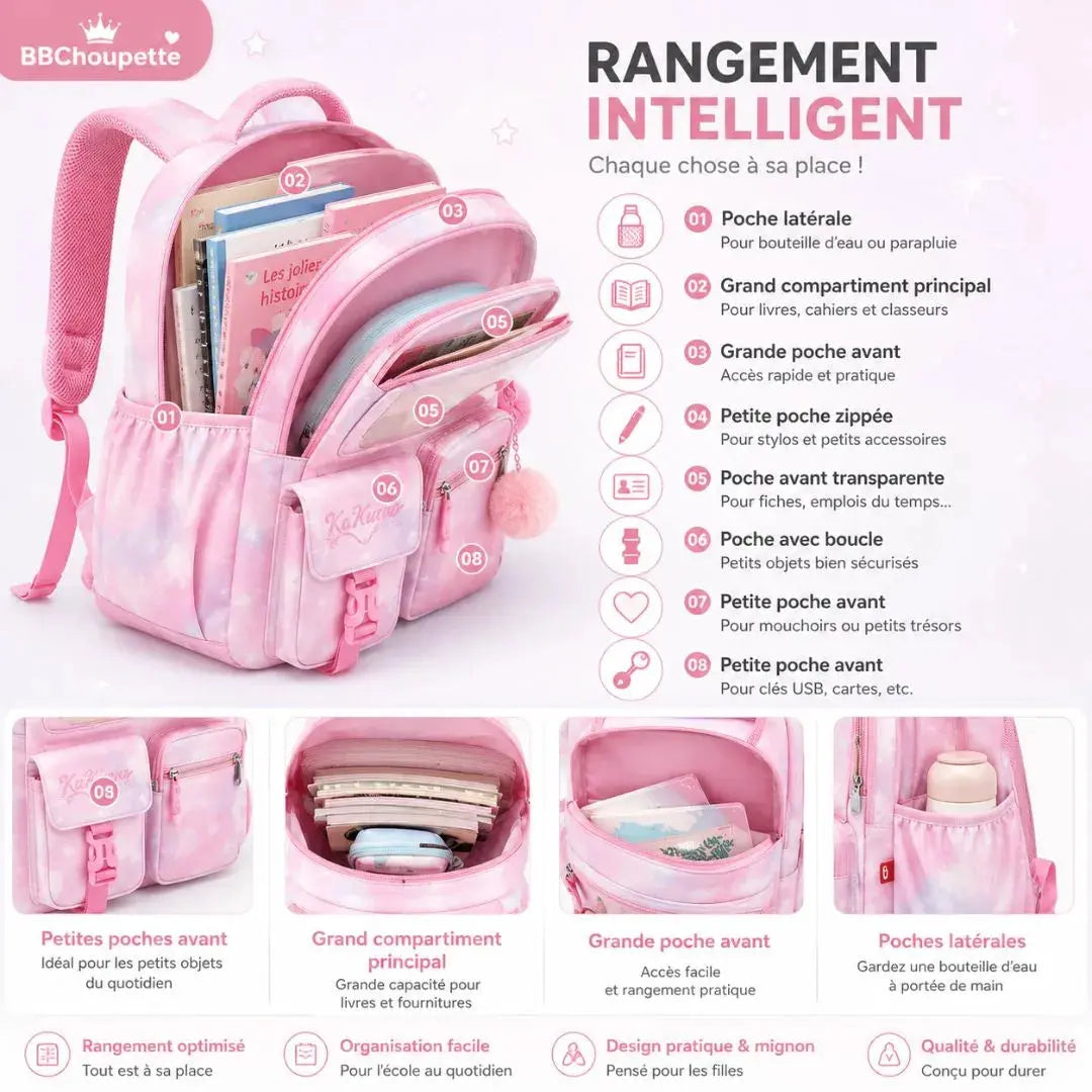 Sac à Dos École Fille Ergonomique – Bandes Réfléchissantes