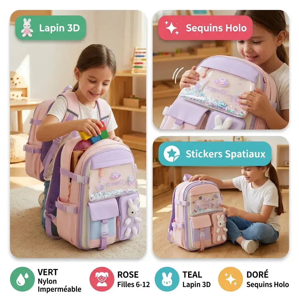 Sac à Dos Scolaire Fille Kawaii – Peluche Lapin
