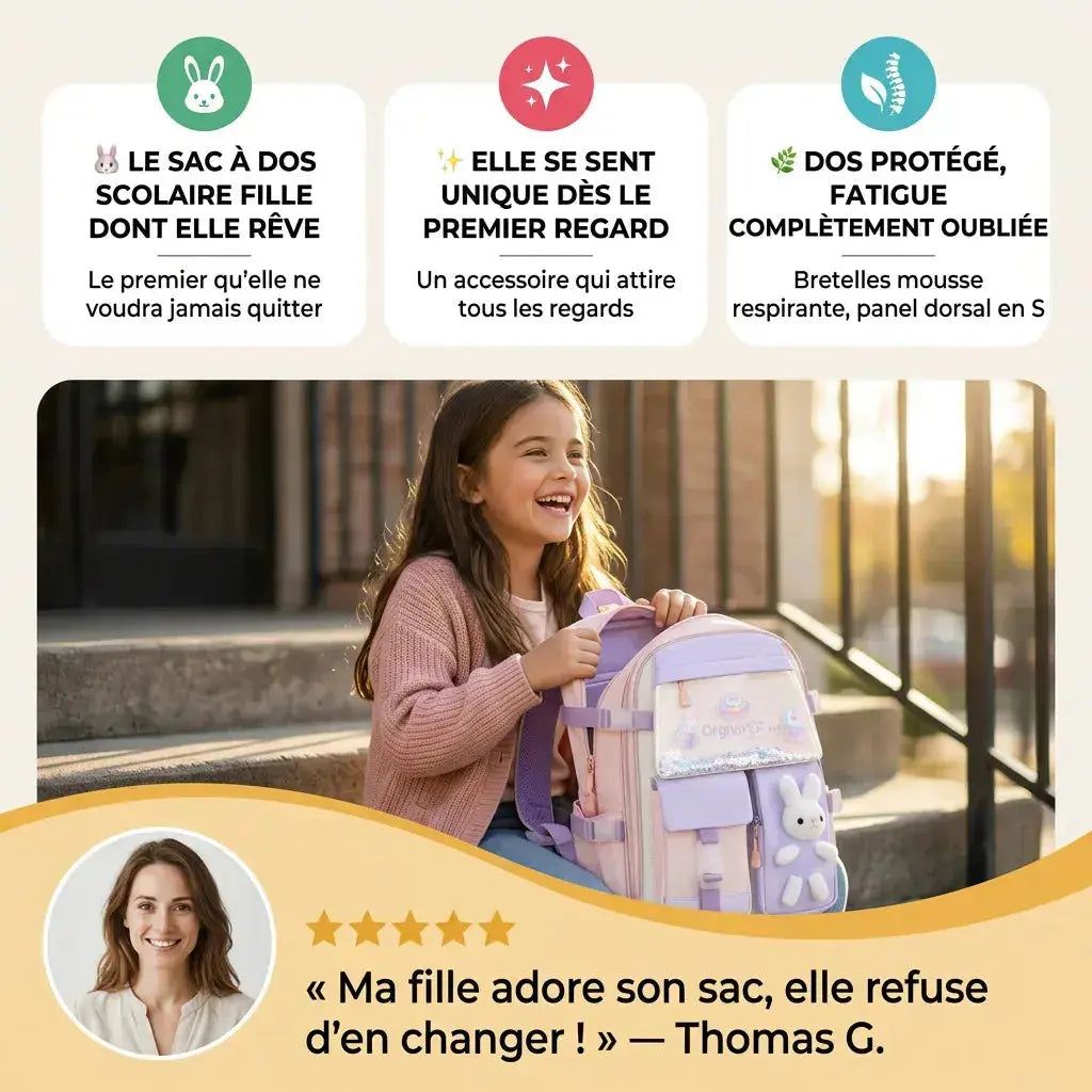 Sac à Dos Scolaire Fille Kawaii – Peluche Lapin