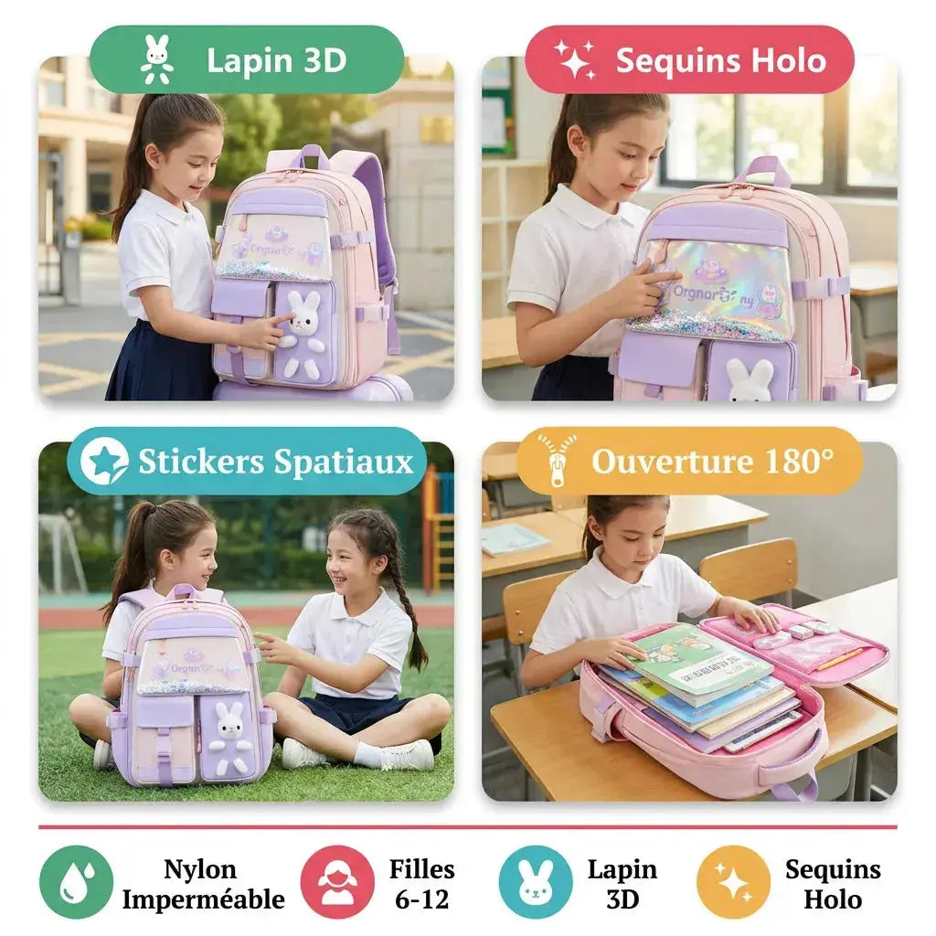Sac à Dos Scolaire Fille Kawaii – Peluche Lapin
