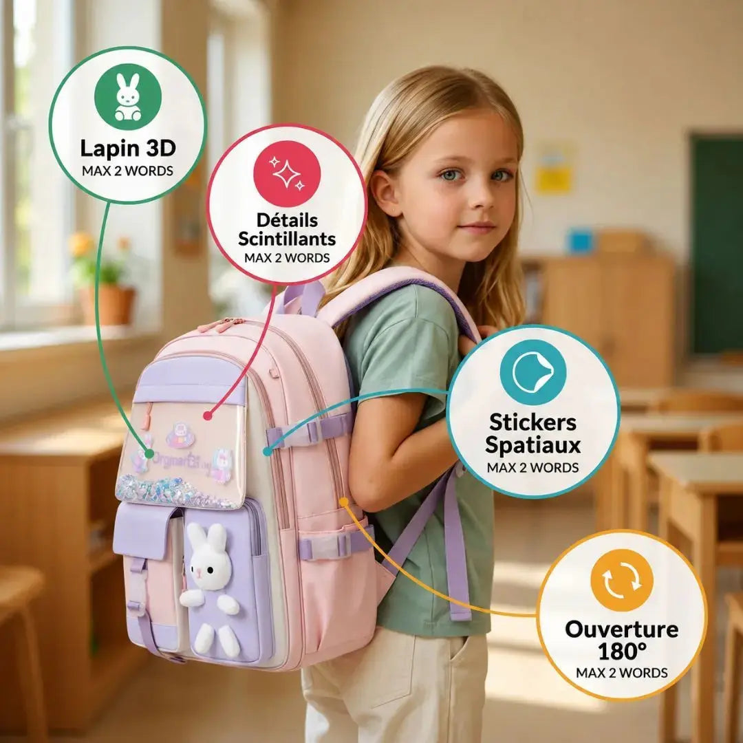 Sac à Dos Scolaire Fille Kawaii – Peluche Lapin