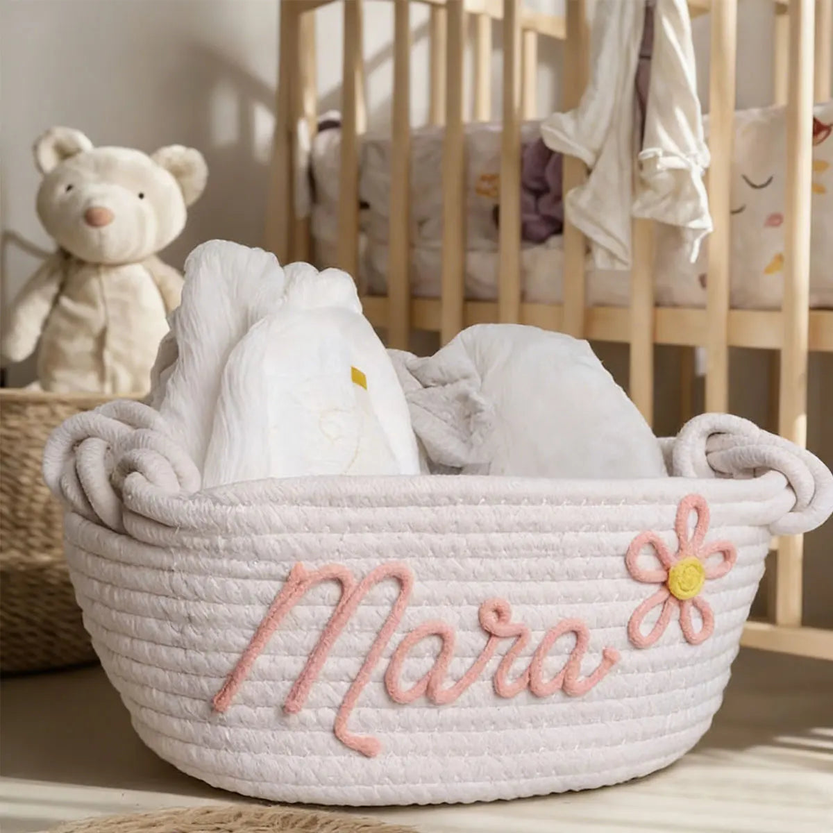 Personalized cotton rope storage basket with name – Handmade, 3 sizes