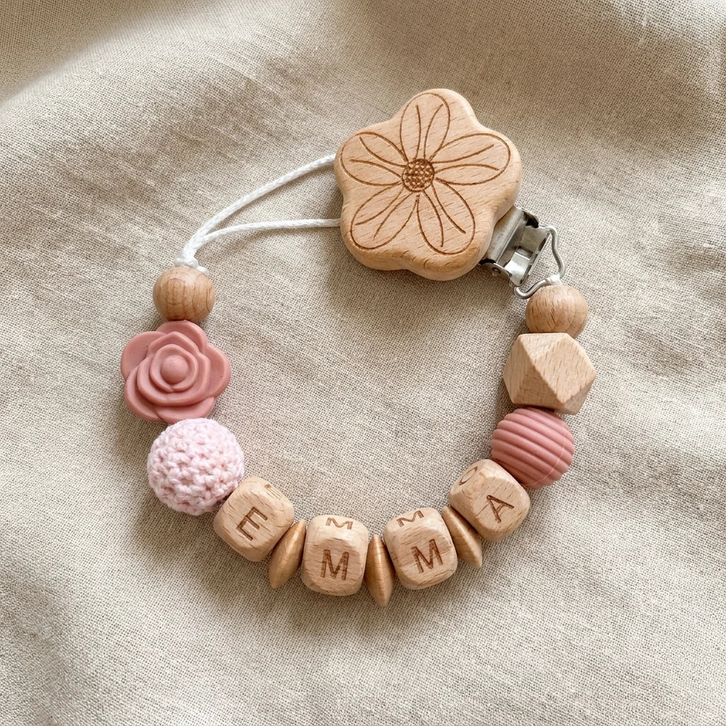 Attache-tétine personnalisée prénom en bois et perles, fleur rose – Cadeau de naissance