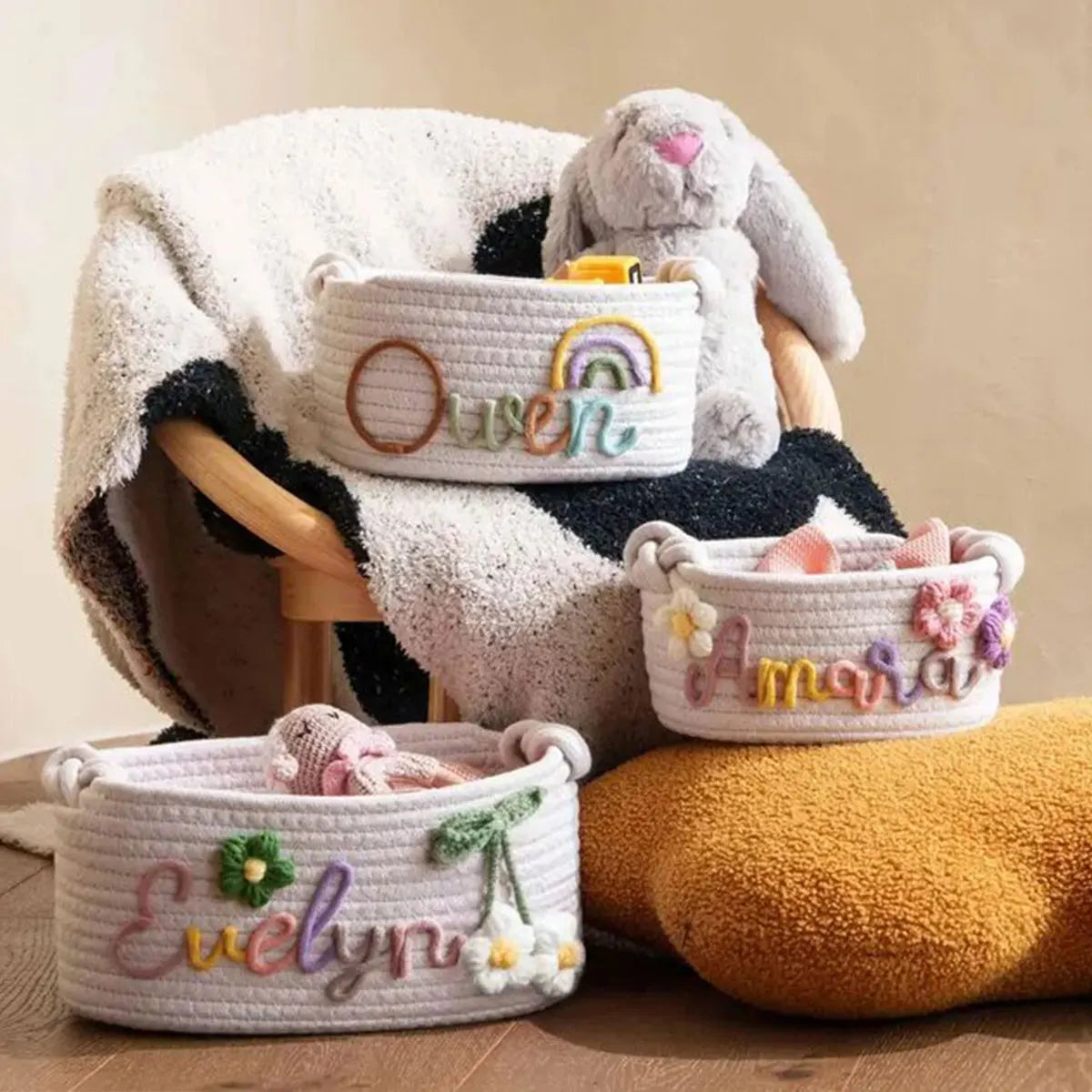 Personalized cotton rope storage basket with name – Handmade, 3 sizes