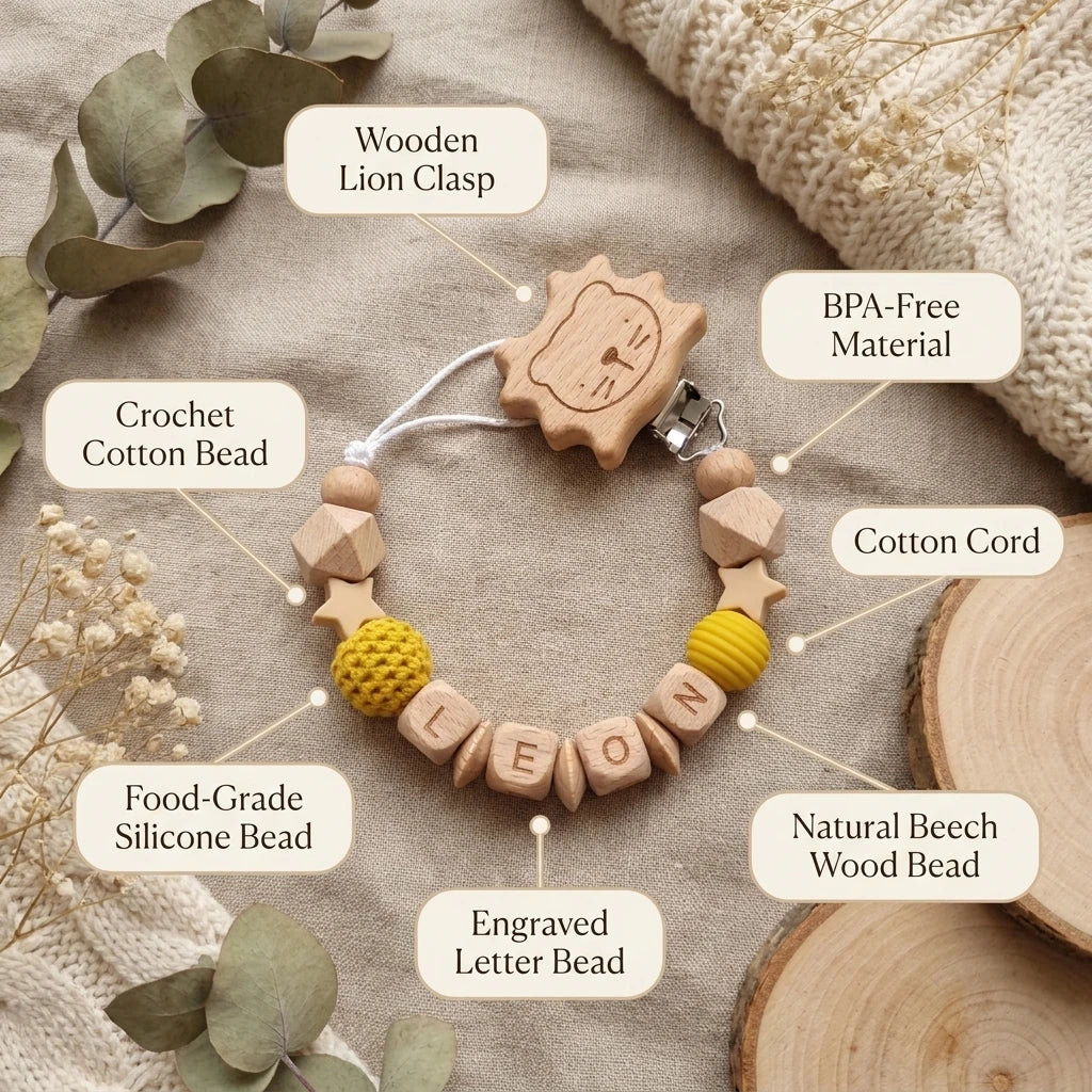 Attache-tétine personnalisée prénom, perles en bois et lion au crochet – Cadeau de naissance