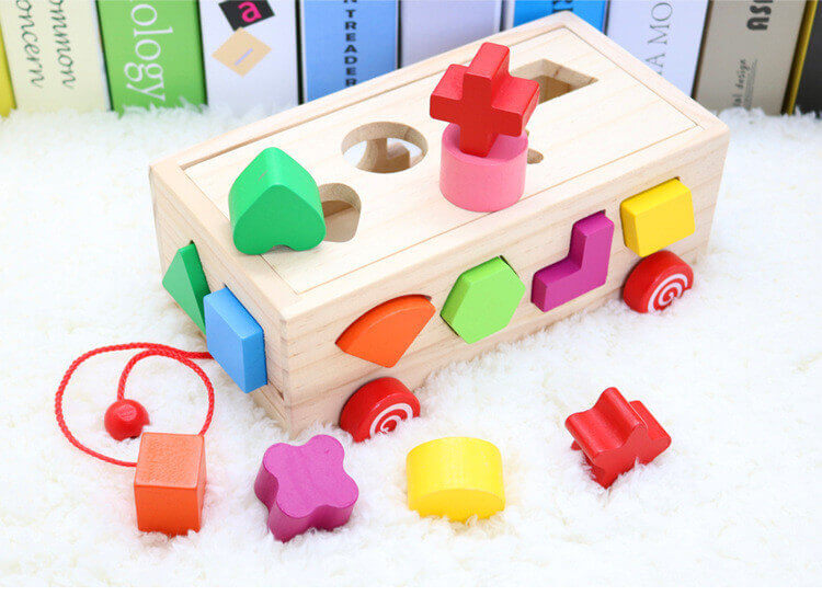 Montessori Boîte de Tri des Formes en Bois & Jouet à Tirer (Boîte Cognitive 16 Trous)