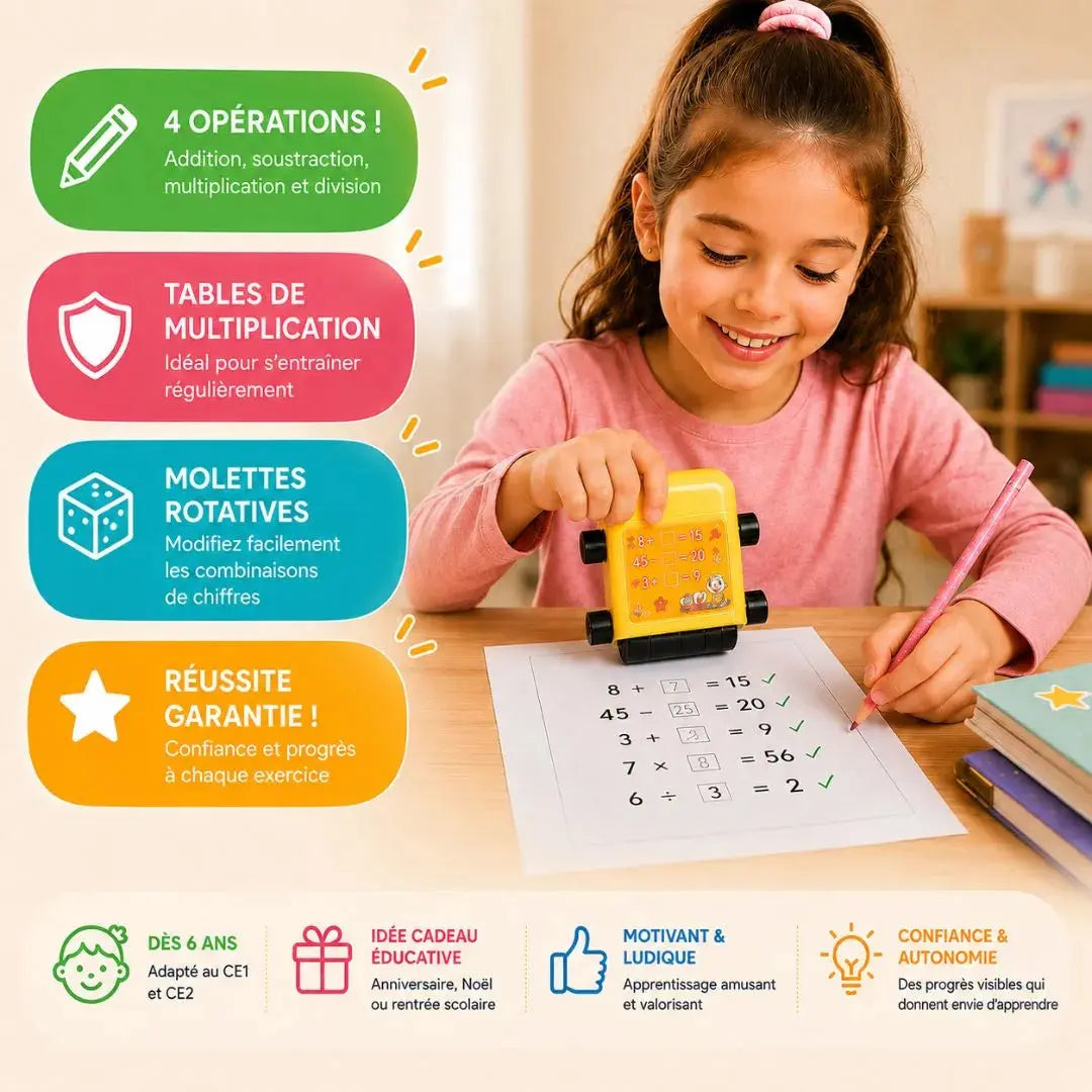 Table de Multiplication CE1 – Tampon Rotatif 4 Opérations – Dès 6 Ans