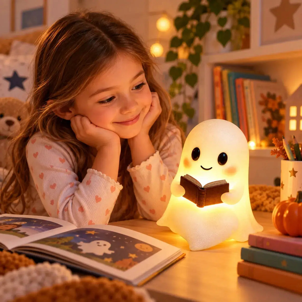 Veilleuse Fantôme Lecture – Décoration Halloween Lumineuse en Résine