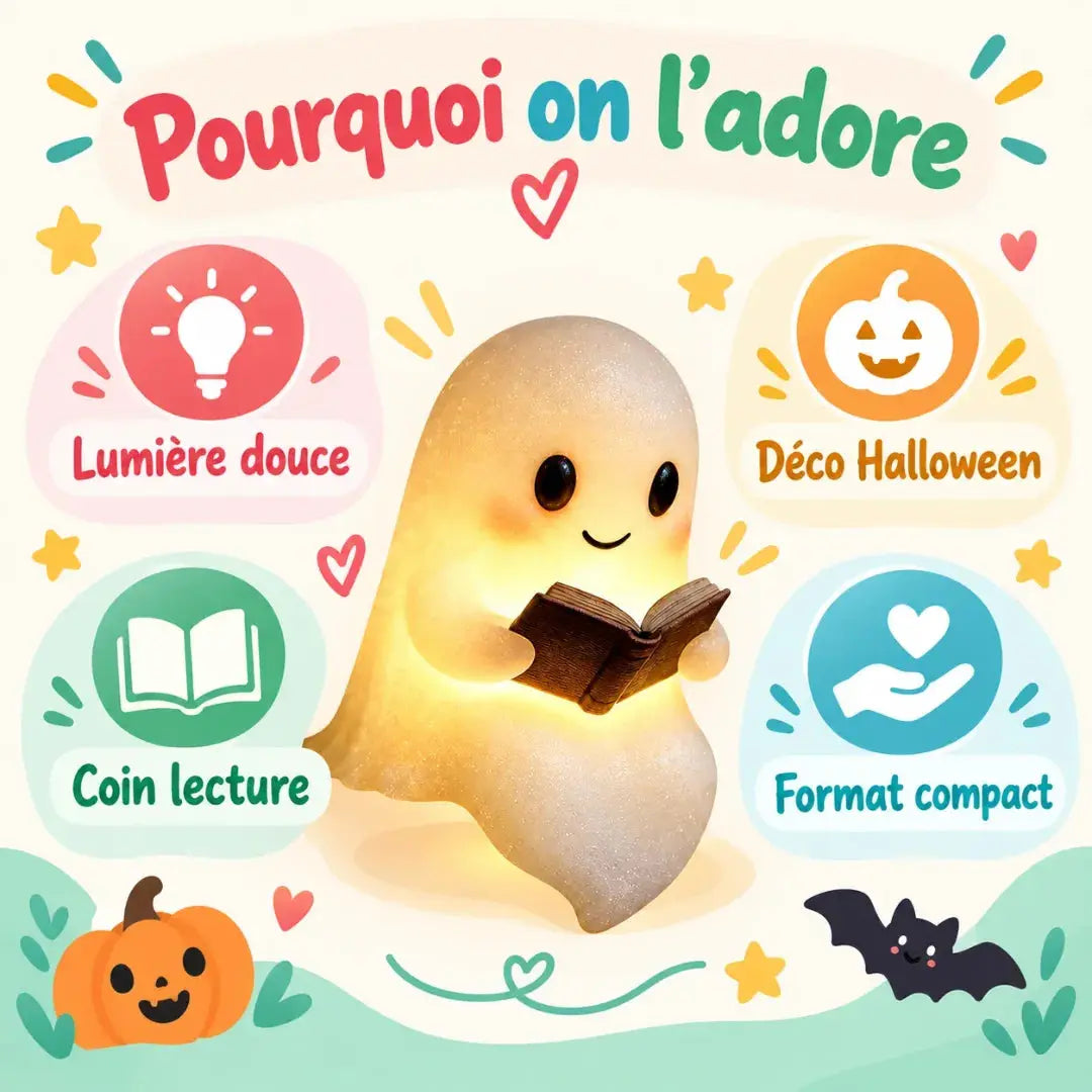 Veilleuse Fantôme Lecture – Décoration Halloween Lumineuse en Résine
