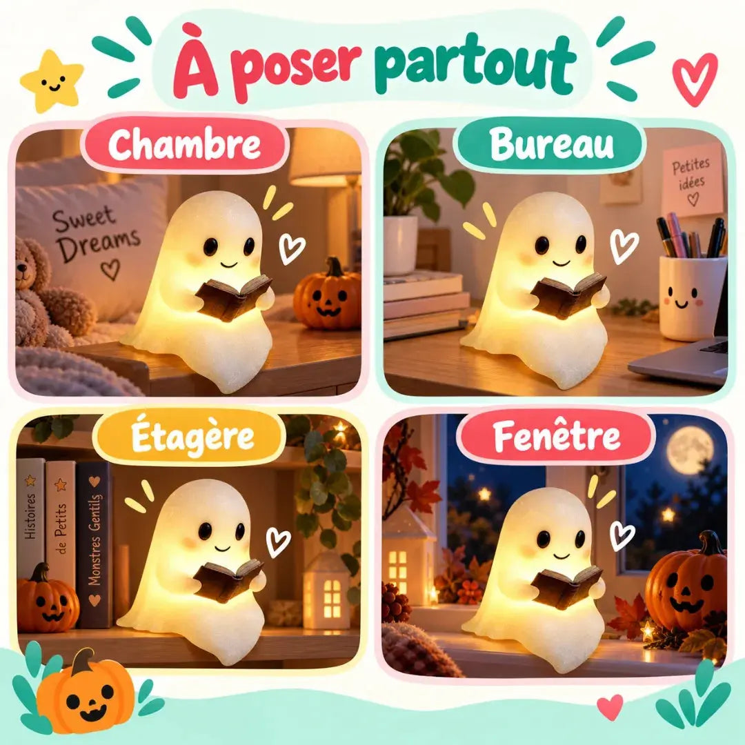 Veilleuse Fantôme Lecture – Décoration Halloween Lumineuse en Résine