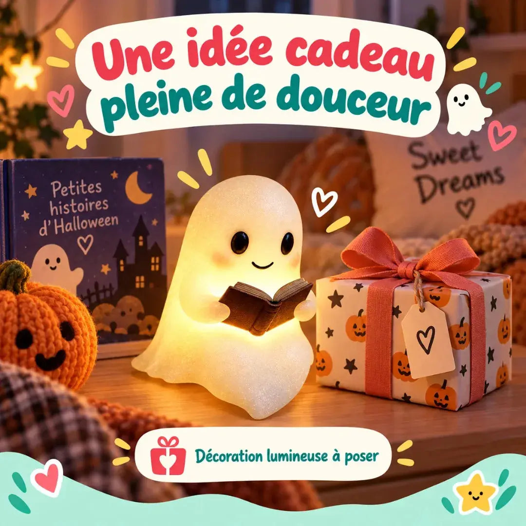 Veilleuse Fantôme Lecture – Décoration Halloween Lumineuse en Résine