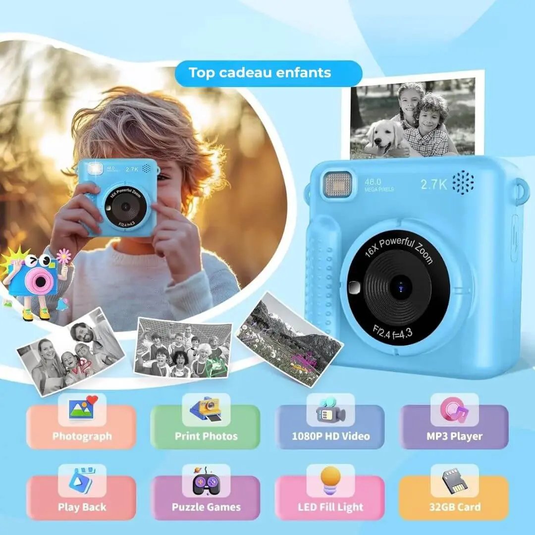 Appareil Photo Enfant – Impression Thermique – PixiPlay Bleu
