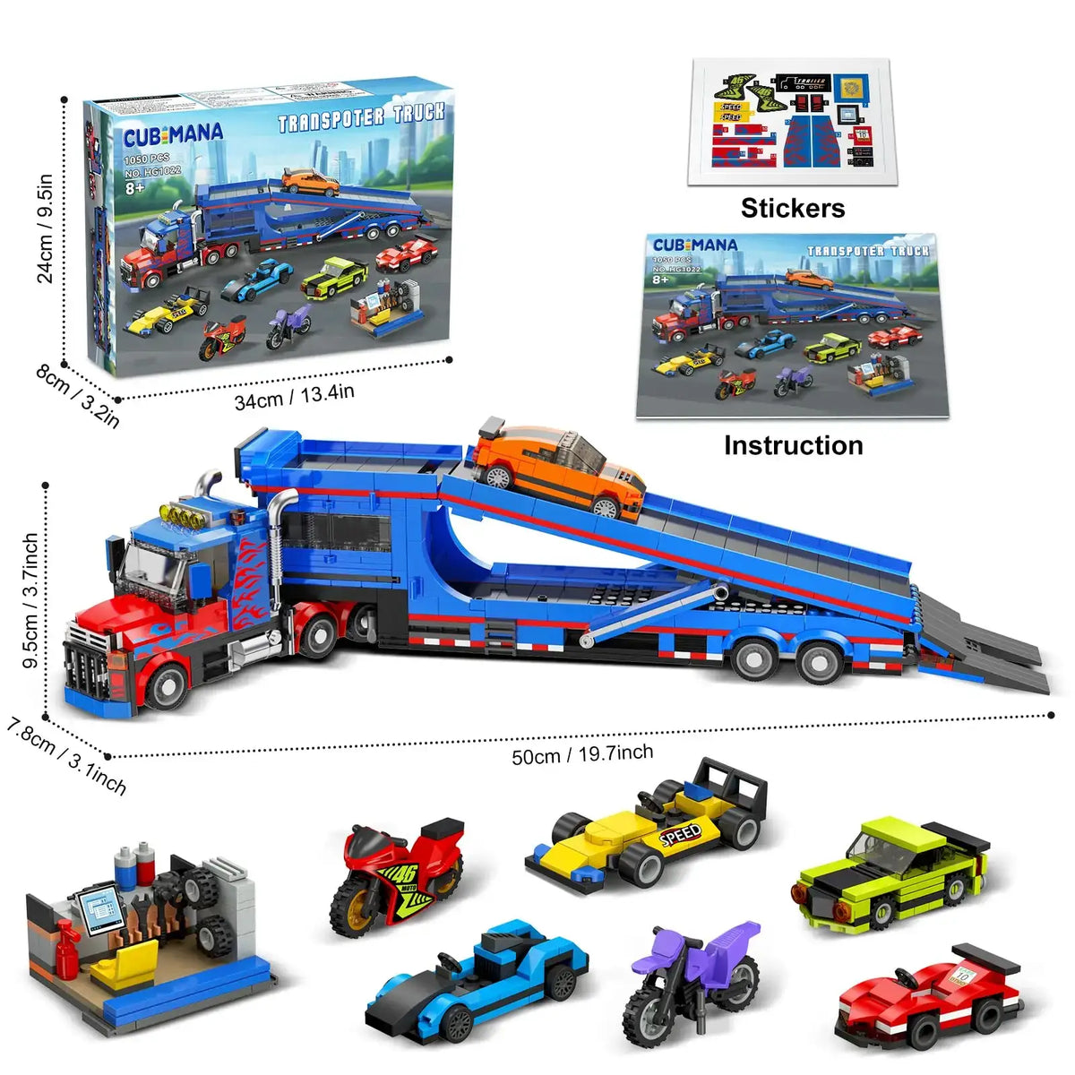 Set construction camion transporteur avec 7 voitures
