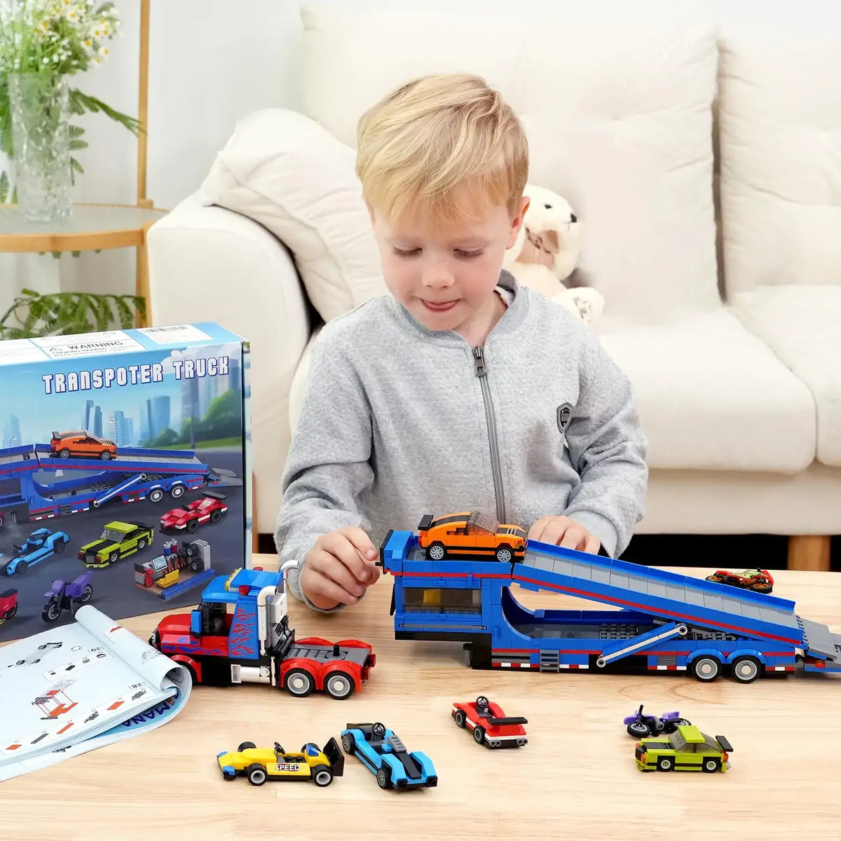 Set construction camion transporteur avec 7 voitures